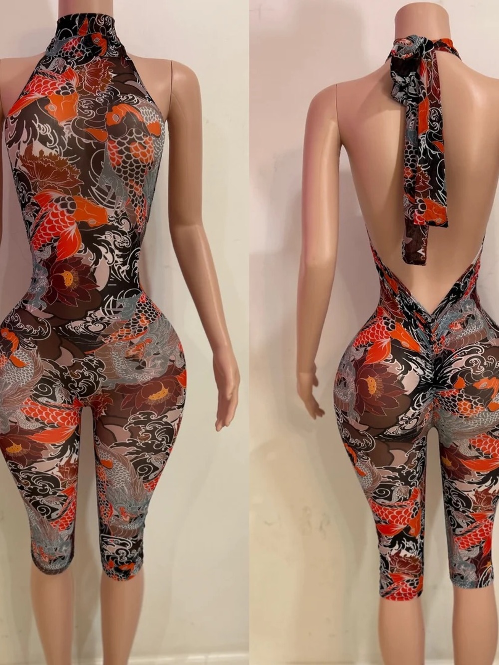 J Lorraine Design Halter Backless Koi Print Jumpsuit - Orange/Black